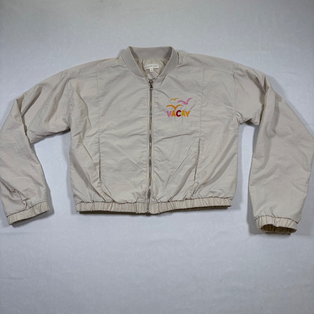 Ultra Flirt Kids Beige Vacay Vibes Only Embroidered Bomber Jacket Small RW732303